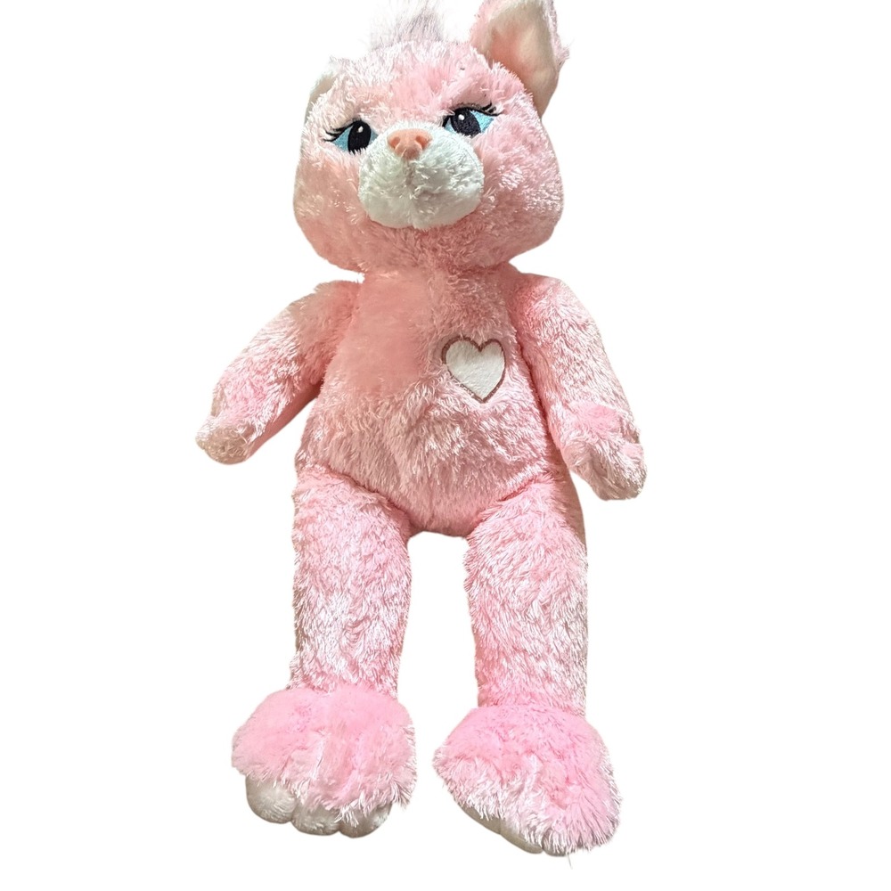 Build-A-Bear Pink Shimmer Kitty Cat Plush White Heart Embroidered Eyes Sparkle